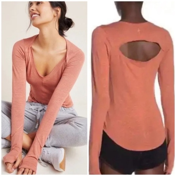 Free People French Clay Affinity Cut-Out Long-Sleeve Tee Top - Picture 1 of 10